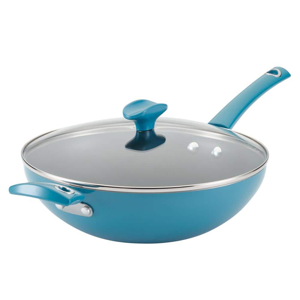 11 in. Turquoise Cityscapes Porcelain Enamel Nonstick Covered Stir Fry Pan - Hercitys