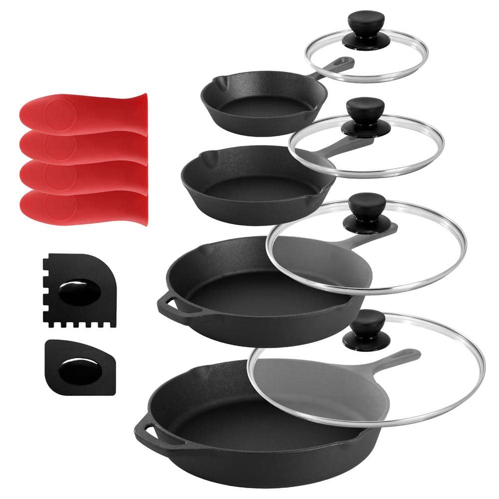 13-Piece Cast Iron Skillet Set with Tempered Glass Lids and Silicone Holders - Hercitys