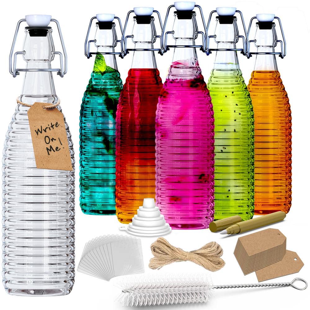 33 oz. Ringed Swing Top Glass Bottles with Bottle Brush, Funnel, Tags, Shrink Wrap and Marker (Set of 6) - Hercitys