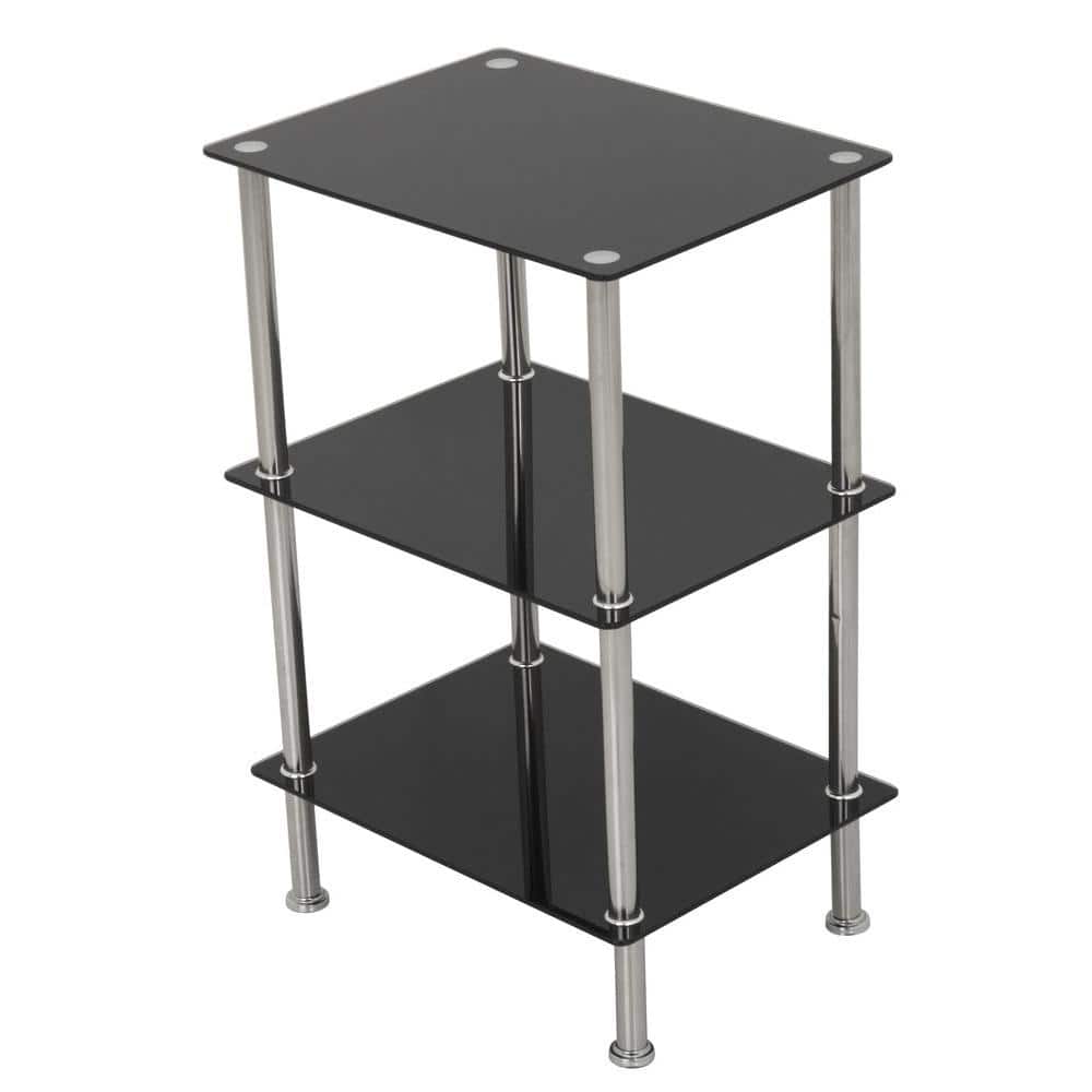 15.7 in. W x 11.8 in. D Small 3-Tier Shelving Unit in Black Glass and Chrome - Hercitys