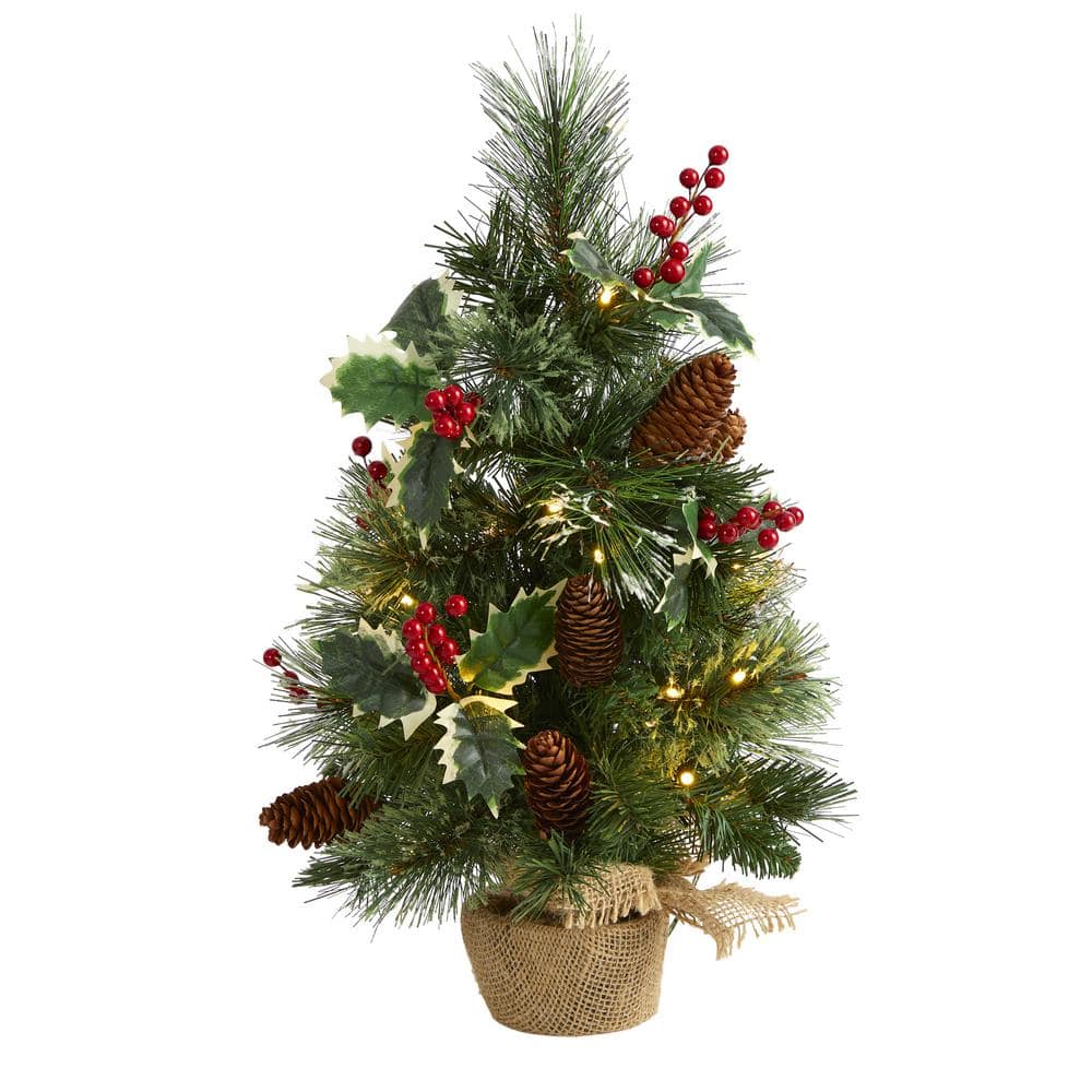 18 in. Battery Operated Pre-Lit Mixed Pine Artificial Christmas Tree, Holly Berries, Pinecones, 35 Clear LED Lights - Hercitys
