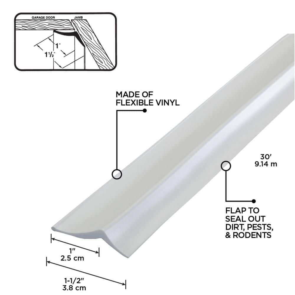 1 in. x 30 ft. White Vinyl Top and Sides Garage Door Weatherstripping - Hercitys