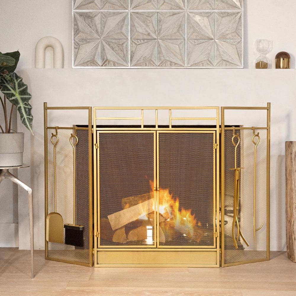 48 in. Fireplace Screen Gold 4-Panel Fire Spark Guard Hinged Doors with Fireplace Tools - Hercitys