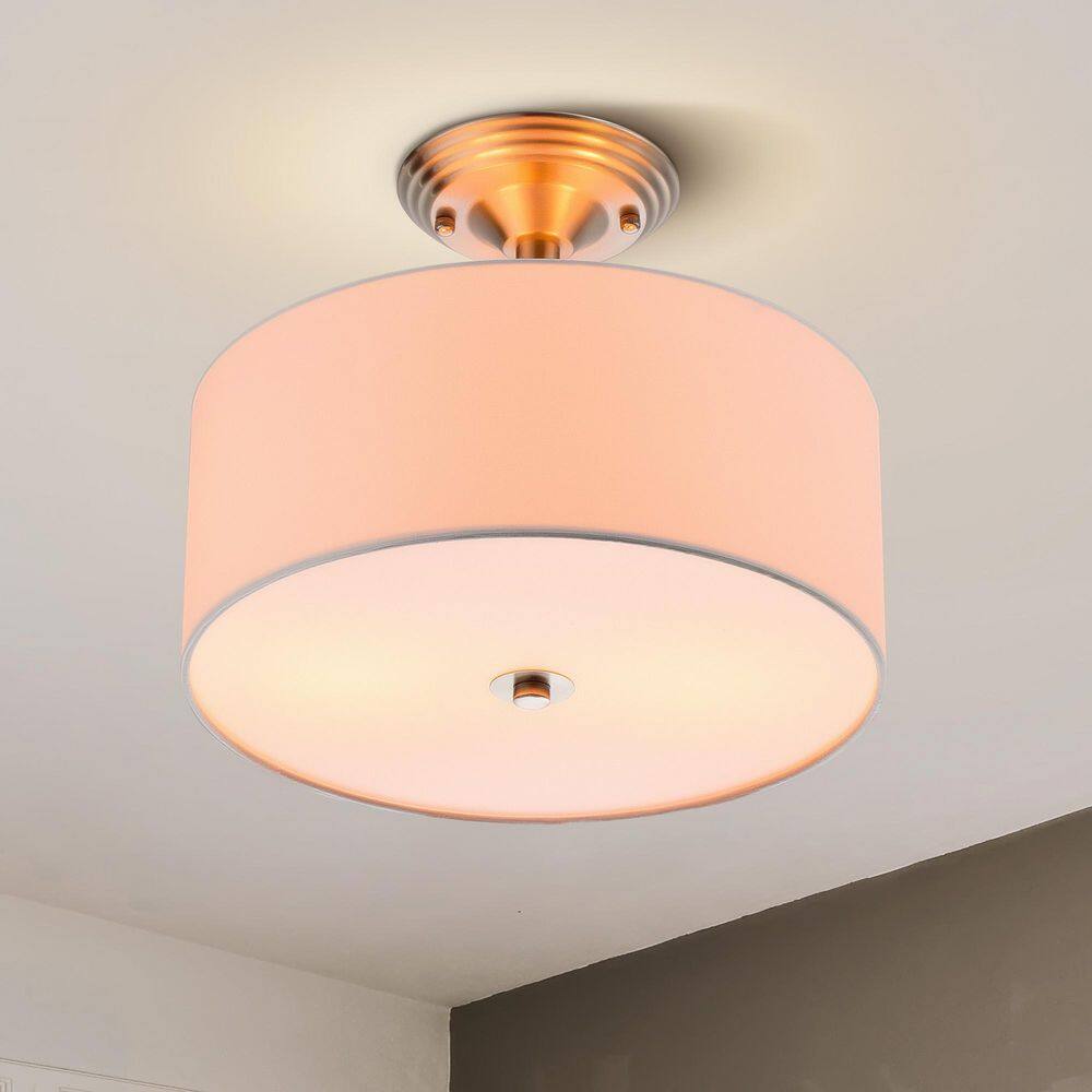 13 in. 2-Light Brushed Nickel Semi-Flush Mount Light with Fabric Drum Shade - Hercitys