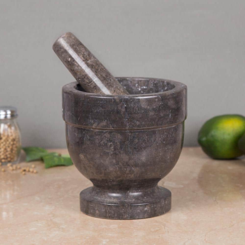 5.9 in. x 5.9 in. Natural Charcoal Marble Mortar and Pestle - Hercitys