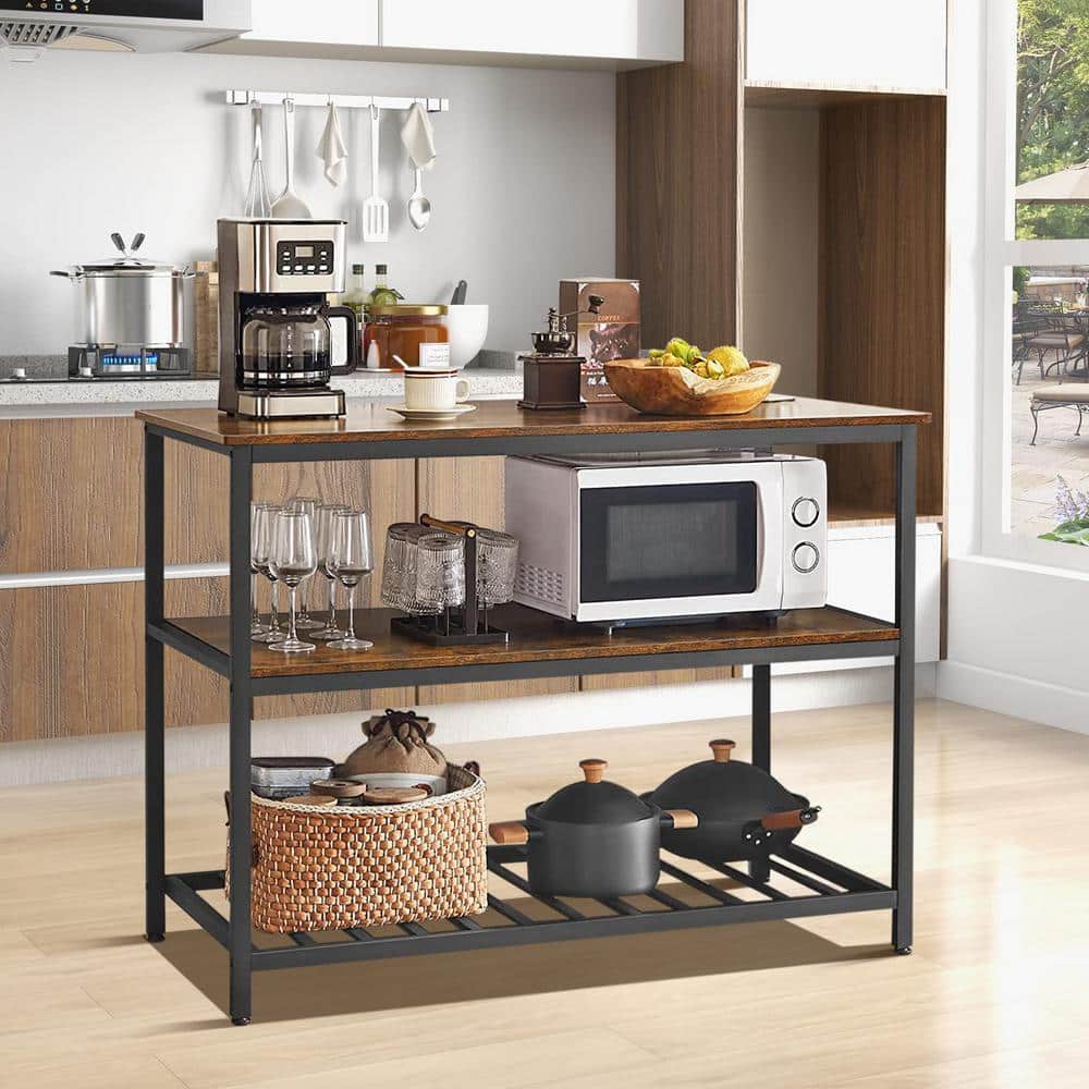 3-Tier Rustic Brown Wood 47.2 in. Kitchen Island with Bottom Wine Rack - Hercitys