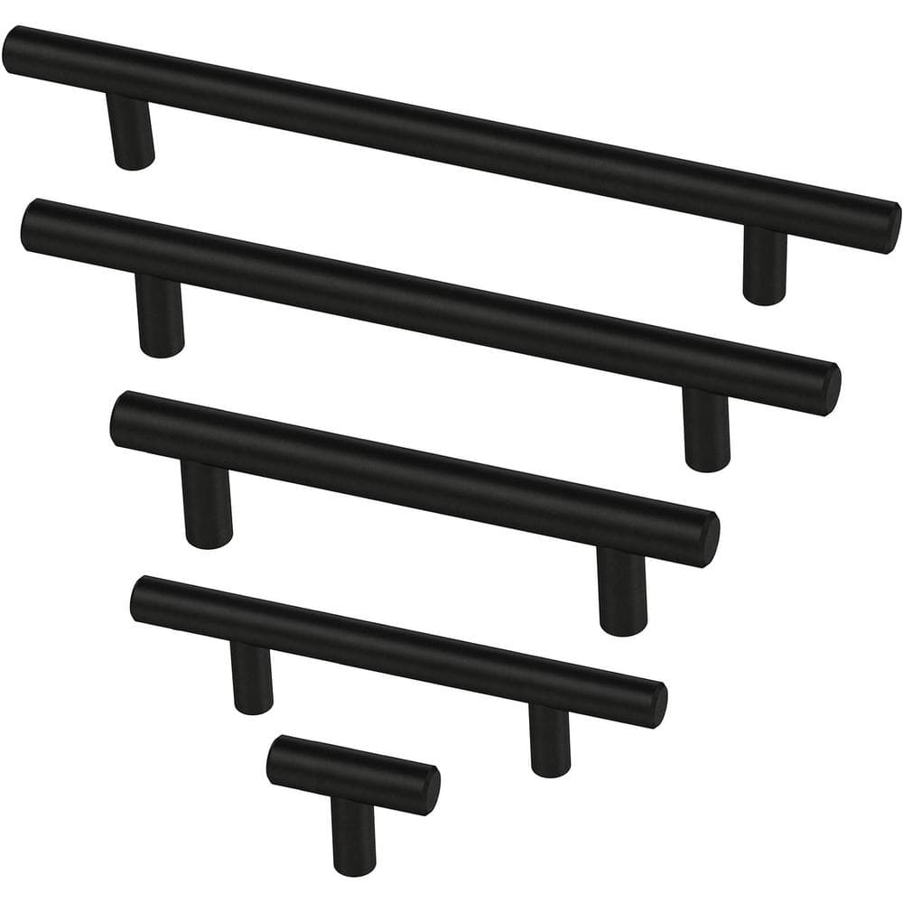 (10-Pack) Simple Bar 1-1/4 in. (32 mm) Modern Matte Black T-Shaped Bar Cabinet Knobs - Hercitys