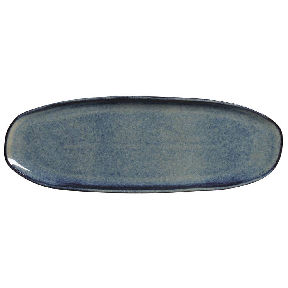 14.17 in. Denim Dark Blue Stoneware Shallow Oval Platter Large Organic (Set of 4) - Hercitys
