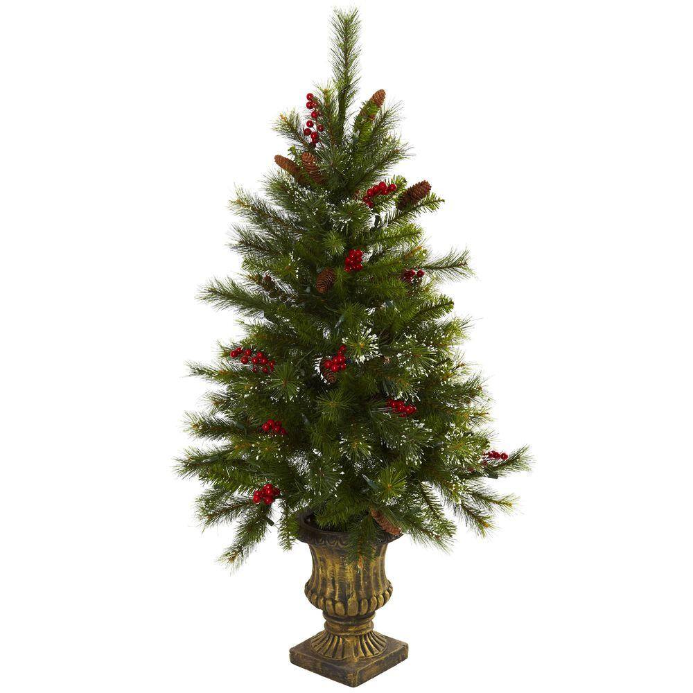 4 ft. Artificial Christmas Tree with Berries, Pine Cones, LED Lights and Decorative Urn - Hercitys