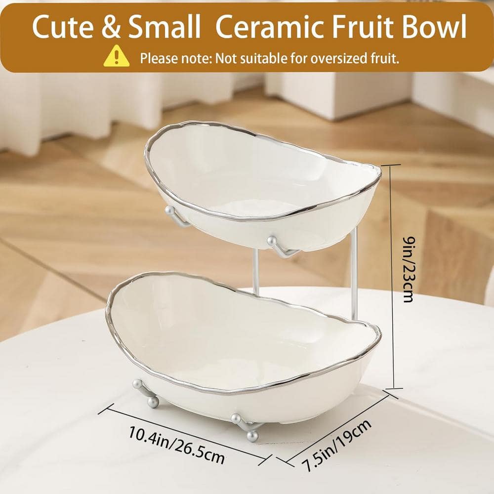 2-Tier Ceramic Fruit Bowl for Kitchen Countertop and Modern Multi Layer Fruit Display Stand (Silver-rimmed) - Hercitys