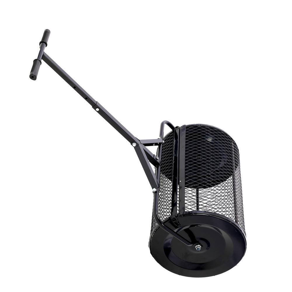 24 in. Metal Mesh Peat Moss Spreader Roller with T Shaped Handle for Planting, Seeding, Lawn and Garden Care, Black - Hercitys