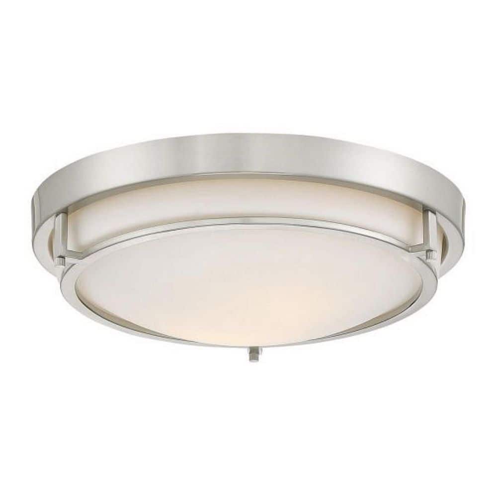 13 in. W x 4 in. H 2-Light Brushed Nickel Semi-Flush Mount with Metal Ring and White Glass Shade - Hercitys