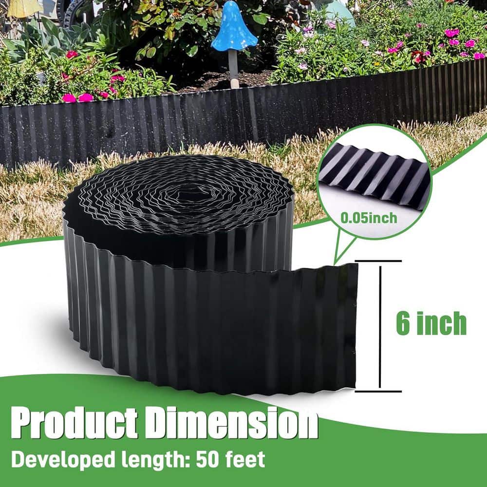 50 ft. x 6 in. Flexible Corrugated Design Galvanized Metal Edging Black for Garden Lawn DIY Projects - Hercitys