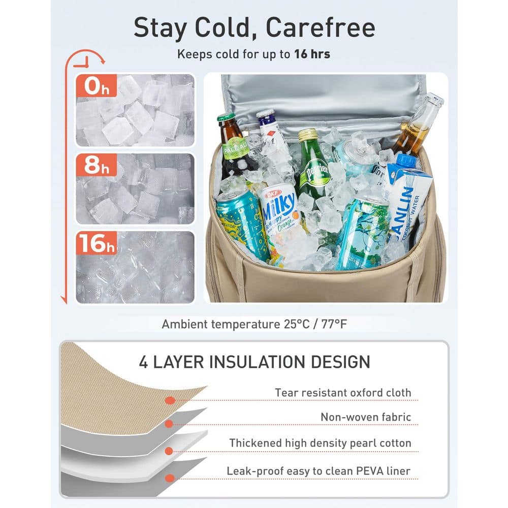 23 qt. Rolling Cooler Backpack, Leakproof Waterproof Insulated 36-Cans Beach Cooler w/ Wheels and Handle Outdoor Camping - Hercitys