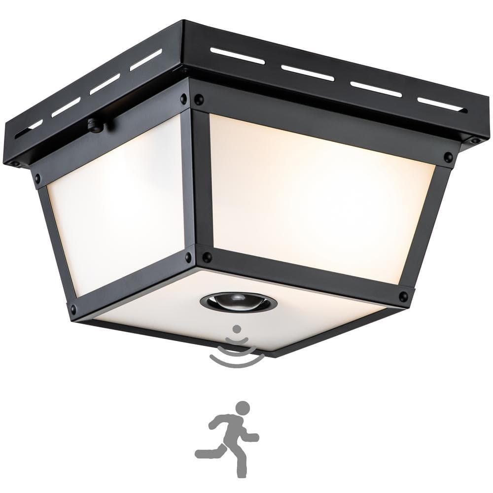 2-Light Matte Black Motion Sensing Outdoor Flush Mount Light with White Textured Glass - Hercitys