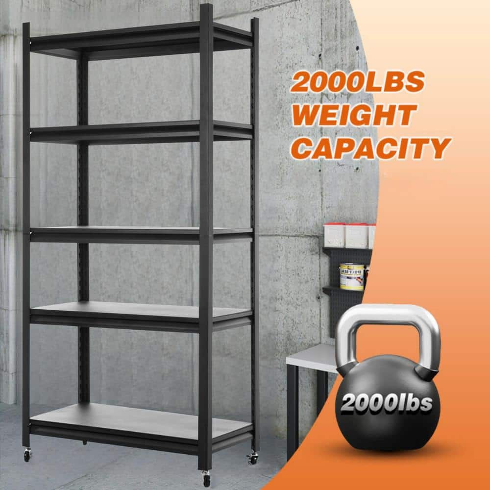 5-Storey Kitchen Storage Rack, Adjustable Metal Storage Rack With Rollers, Storage Rack Unit Organizer in Black - Hercitys