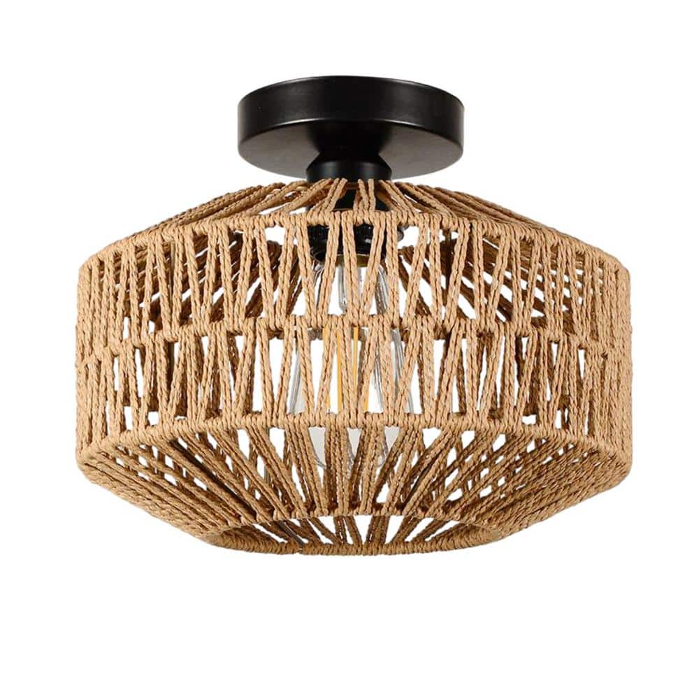 11.8 in. Rattan Brown Chandelier Light Fixture with Dimmable LED Bulb, Mini Hand Woven Flush Mount Ceiling Light - Hercitys