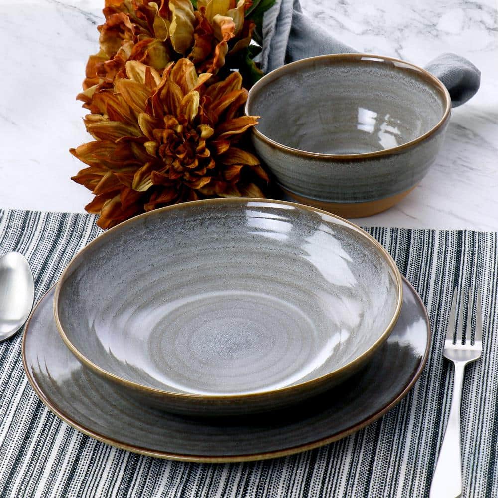 (12 Piece) Dreamweaver Round Earthenware Dinnerware Set in Gray - Hercitys