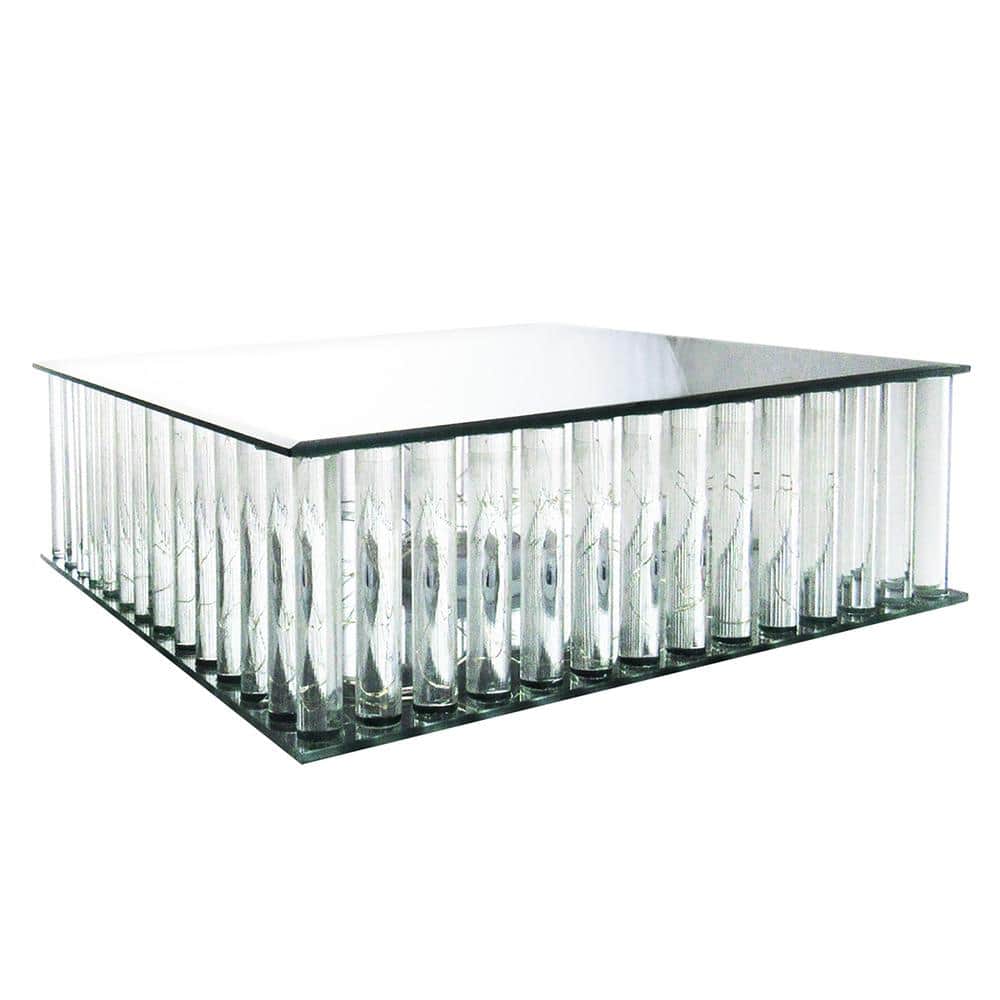 1-Tier Clear Square Mirror LED Fairy Light Up Glass Columns Cake Stand Dessert Display Tray 12 in. - Hercitys