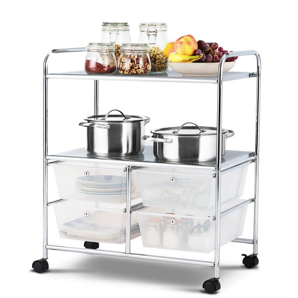 3-Tier Metal 4-Wheeled Rolling Storage Cart Rack Shelf with 4 Drawers in Clear - Hercitys