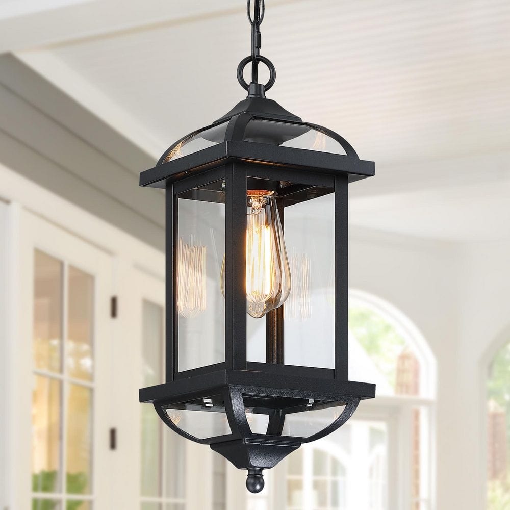 16.14 in. 1-Light Black Outdoor Pendant Light Fixture with Clear Beveled Glass - Hercitys
