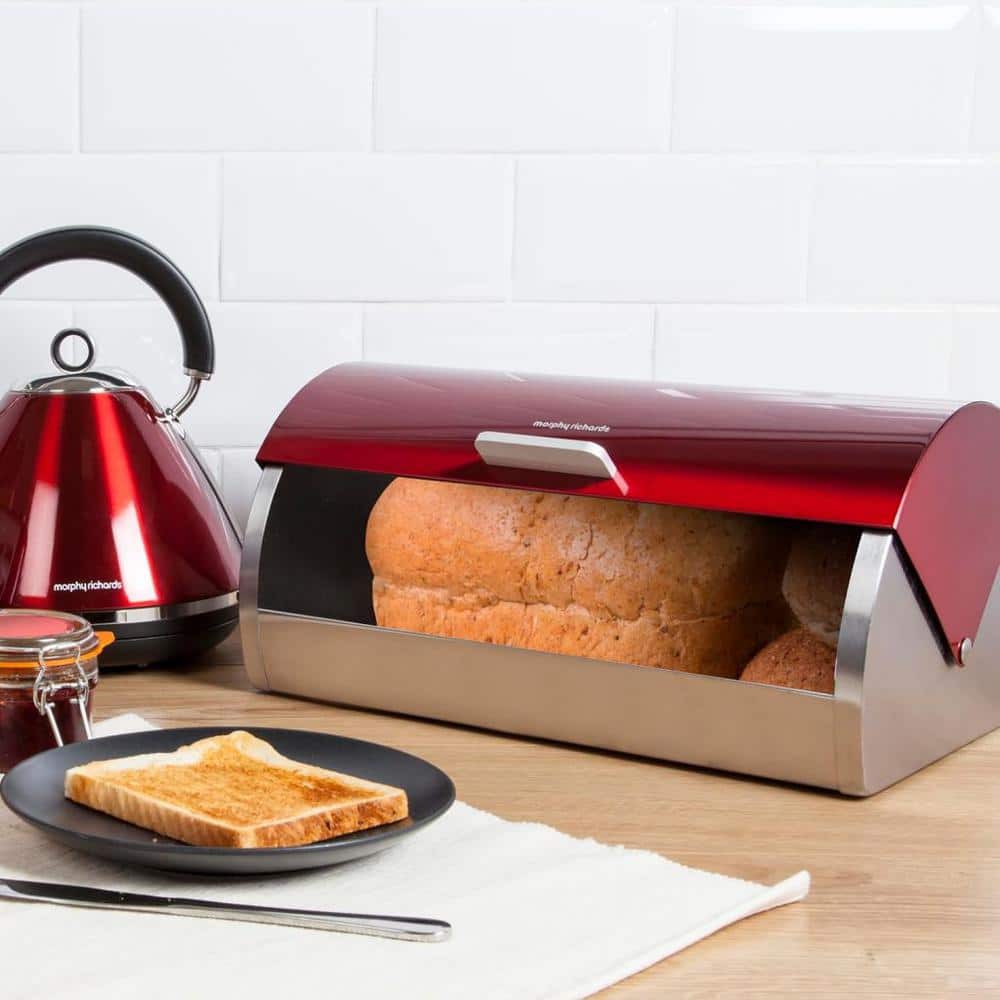 1-Piece Stackable Bread Bin Red Roll Top Lid, Ventilation, Stainless Kitchen Canisters Jars Set - Hercitys