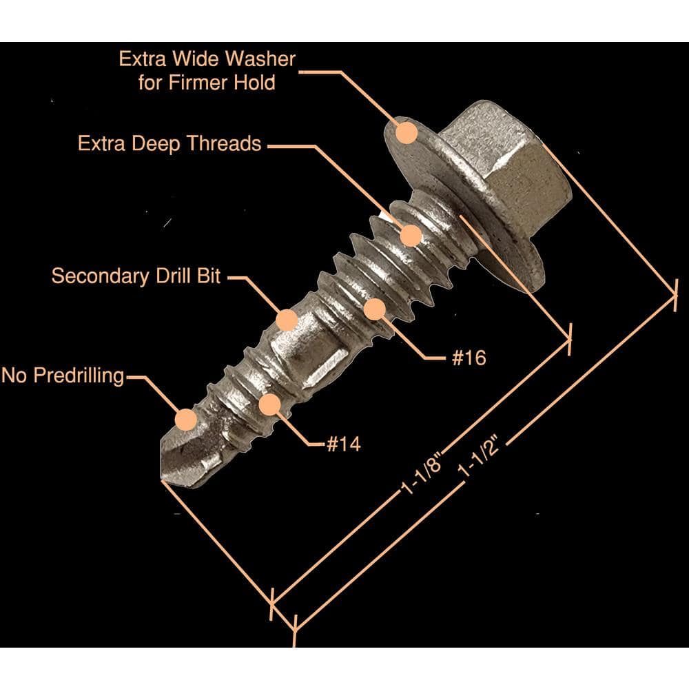 3/8 in. Hex Head #16 x 1 1/8 in. Self-Tapping Screw with #14 Tip with Secondary #16 Drill Bit and Thread (25-Pack) - Hercitys