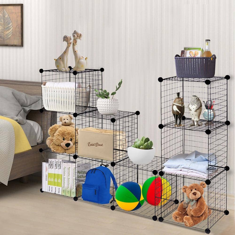 14 in. W x 14 in. H x 14 in. D Black DIY 12 Cube Grid Wire Cube Shelves Shelving Unit - Hercitys