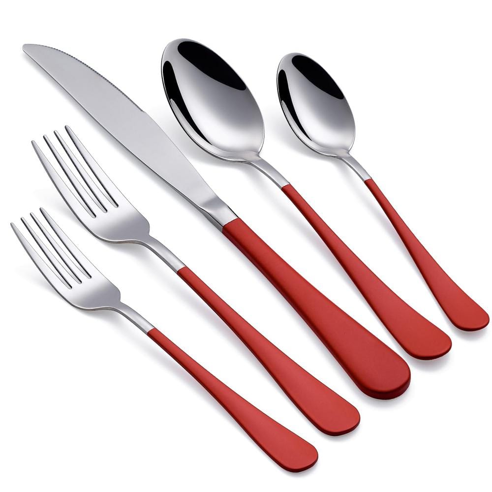 20-Piece Stainless Steel Serving Set Red Handle 18/0 Cutlery Set Service for 4, Unique Set and Dishwasher Safe - Hercitys