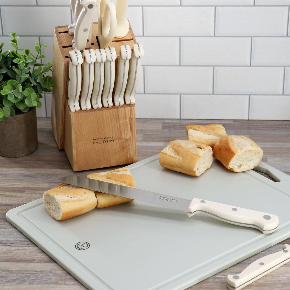 14 Piece Stainless Steel Cutlery and Wood Block Set in Linen - Hercitys