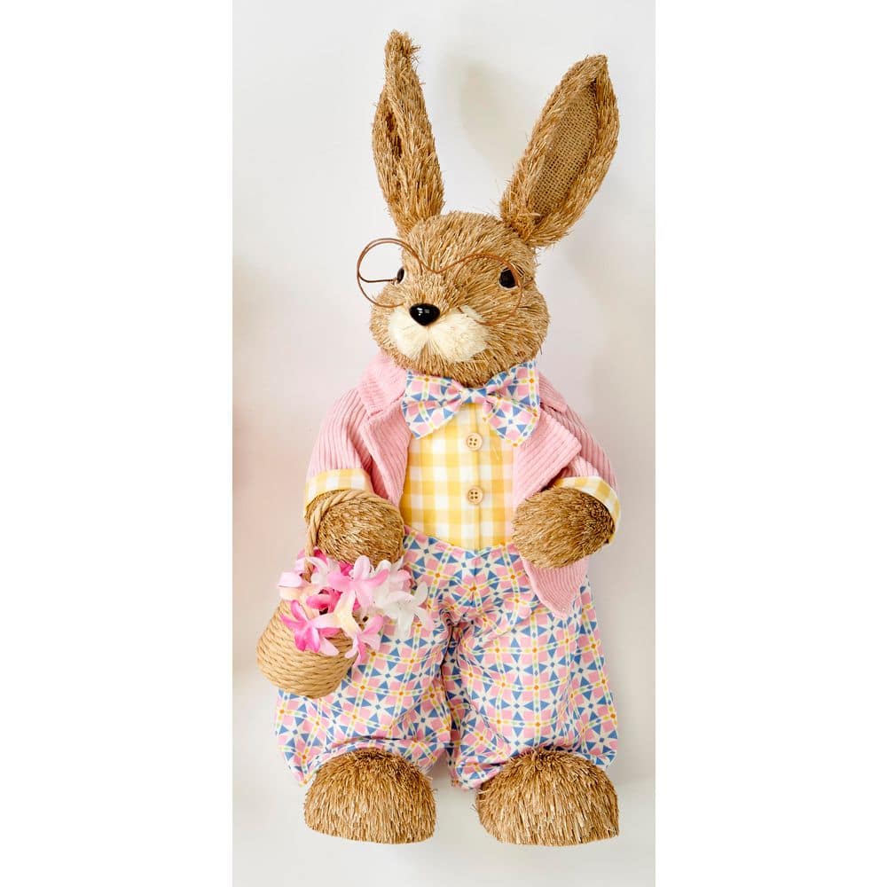 20 in Easter Tabletop Natural Sisal Standing Bunny Holding Basket of Flowers - Hercitys