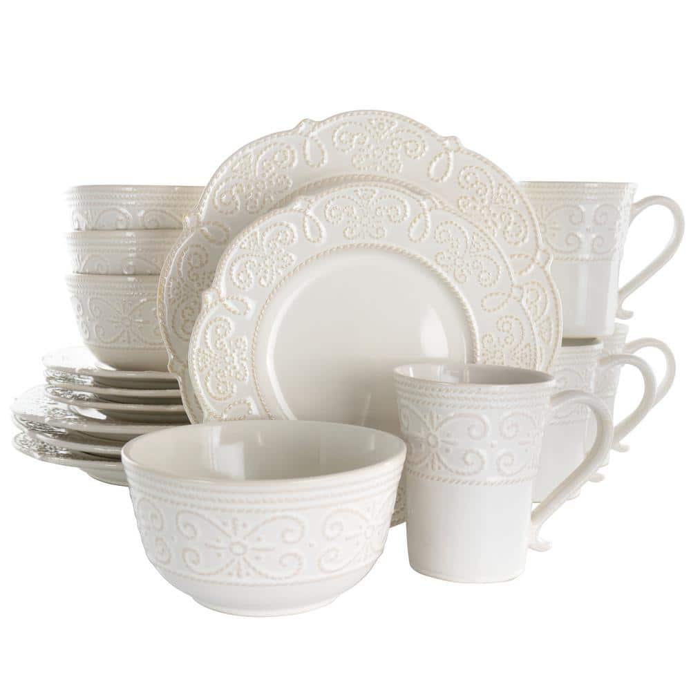 16-Piece Luna Embossed Scalloped White Stoneware Dinnerware Set (Service for 4) - Hercitys
