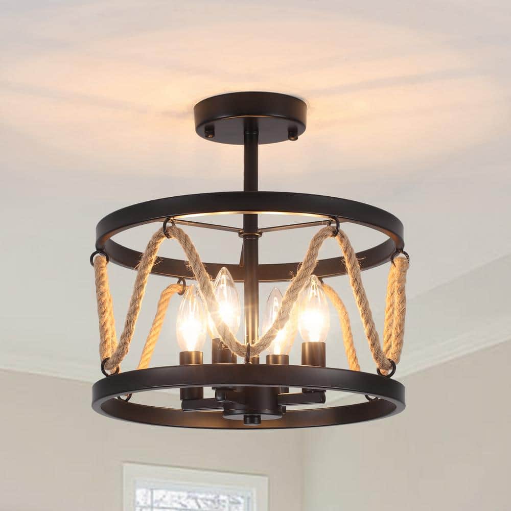 13 in. 4-Light Hemp Rope Black Semi- Flush Mount with No Bulbs Included - Hercitys