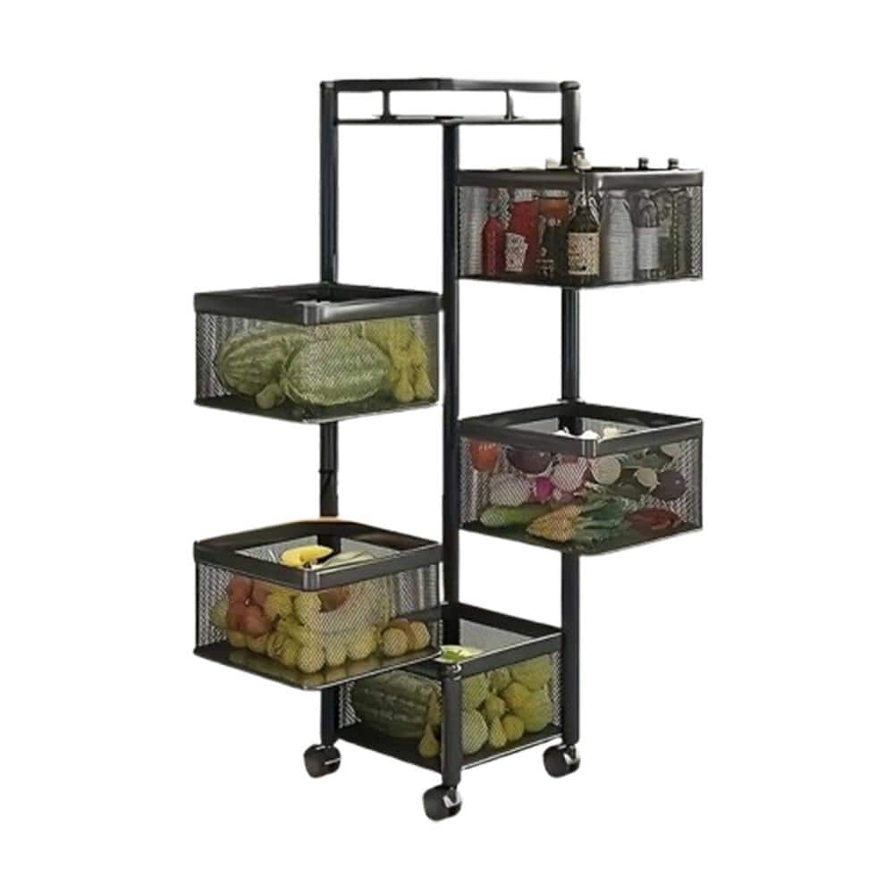 1-Piece 5-Tier Square Metal Rotating Kitchen Storage Rack Fruit Baskets with Locking Wheels, Perfect for Fruits, Black - Hercitys