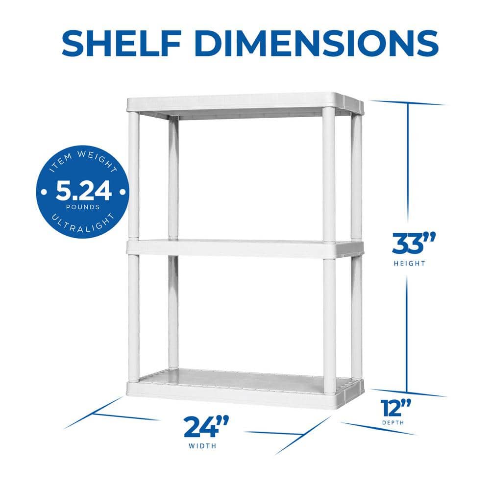 12 in. x 33 in. x 24 in. 3-tier 3 Shelves Resin Freestanding Garage Storage Shelving Unit, White - Hercitys