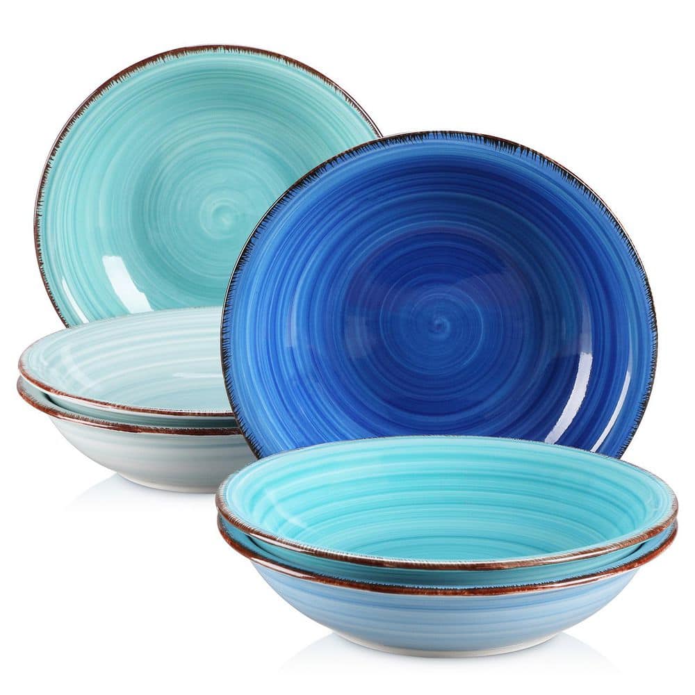 27 fl. oz. Multi-Blue Stoneware Soup Bowl (Set of 6), Pasta Bowl Set Noodle Bowl Soup Plates Serving Bowls - Hercitys