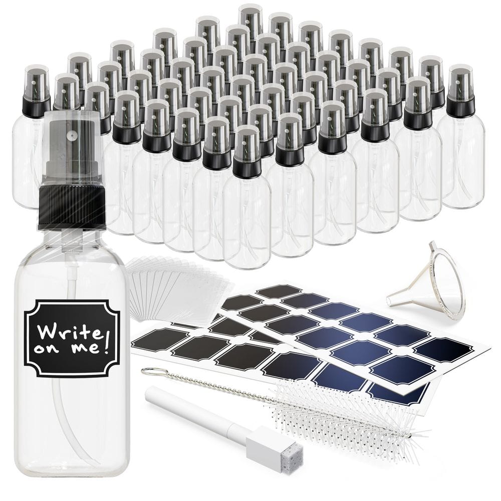 2 oz. Glass Spray Bottles with Funnel, Brush, Marker and Labels-Clear (Pack of 48) - Hercitys