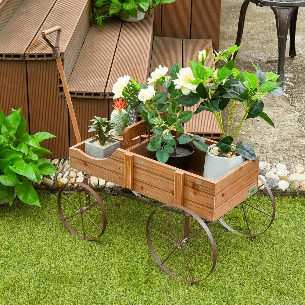 24.5 in. L x 13.5 in. W x 24 in. H Brown Solid Wood Wheelbarrow Planter Box, Raised Beds - Hercitys