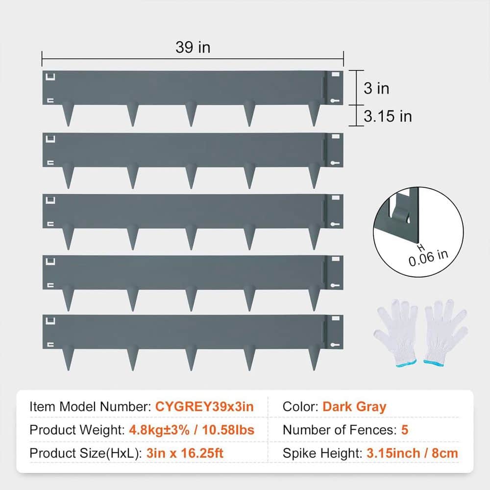 39 in. H x 3 in. L x 0.06 in. W Metal Landscape Edging, 5-Pack Heavy Duty Steel Garden Edging Border, Grey - Hercitys