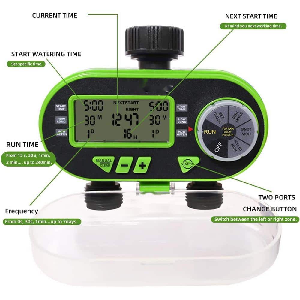 2 Outlet Garden Digital Electronic Water Timer Irrigation Controller for Garden Yard, Green - Hercitys