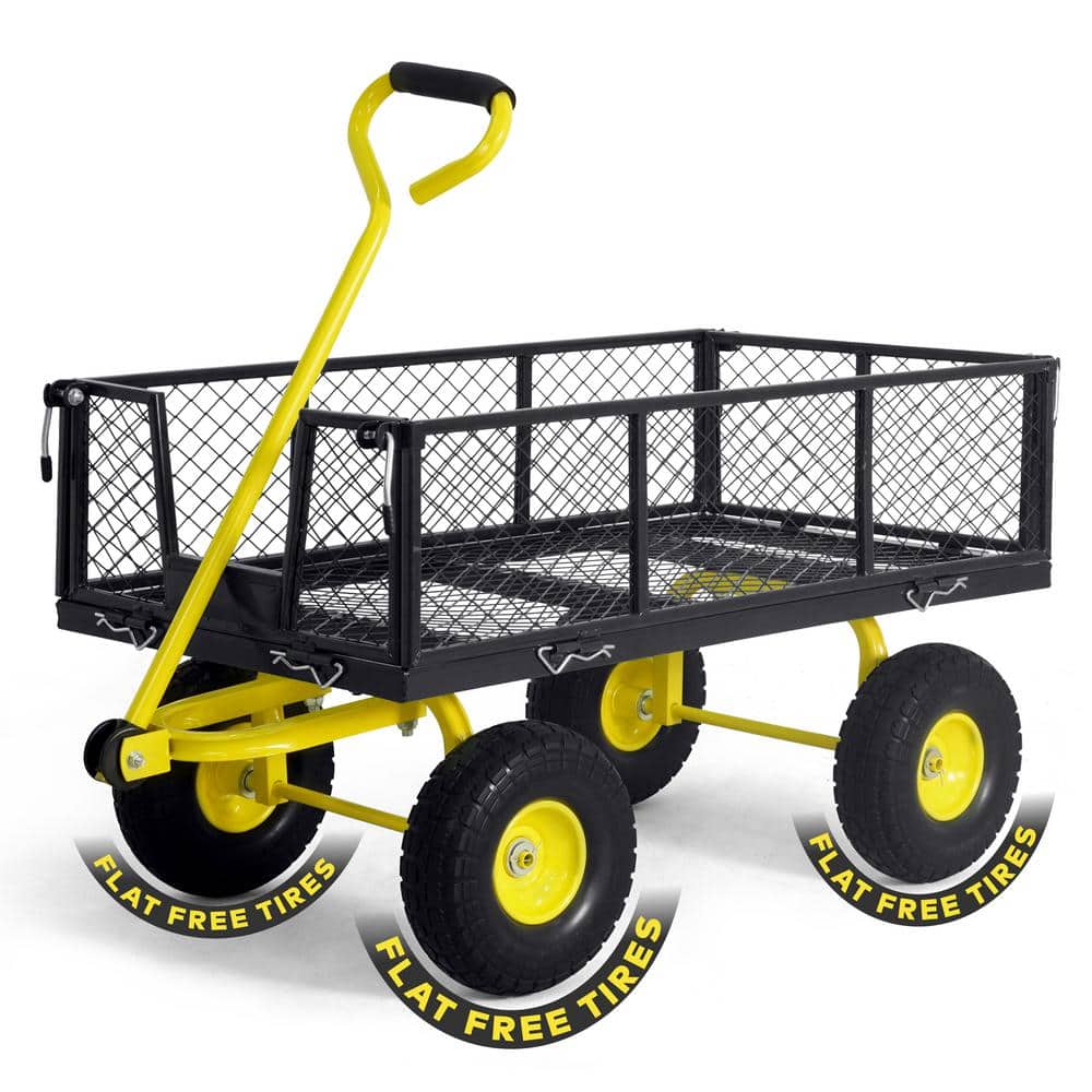 4 cu. ft. Metal Black Garden Cart, W/180° Adjustable Yellow Handle, W/Mat and Strap, Heavy-Duty 880 lbs. Capacity - Hercitys