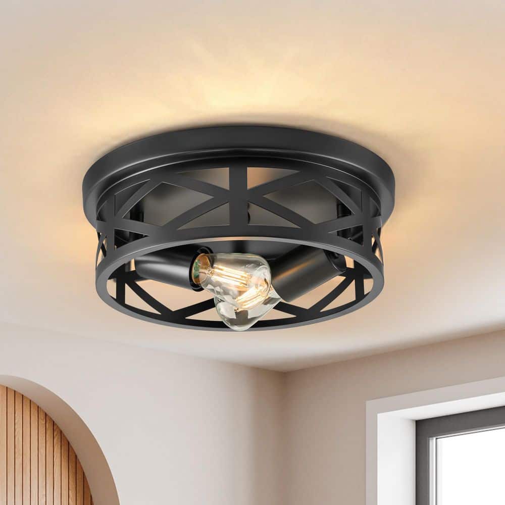 11 in. 2-Light Matte Black Flush Mount Farmhouse Metal Cage Ceiling Lights w/ Adjustable Lamp Holders E26 Bases, 2-Packs - Hercitys
