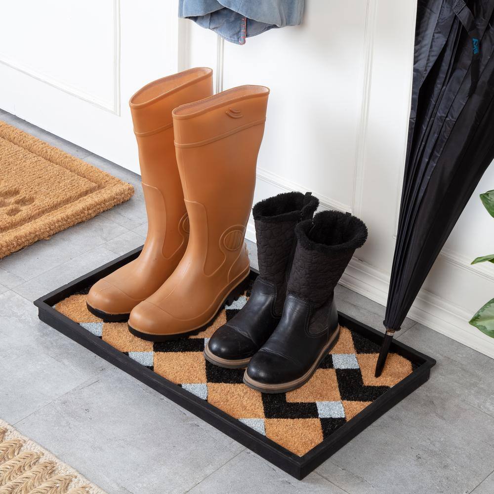 24.5 in. x 14 in. x 1.5 in. Natural & Recycled Rubber Boot Tray with Tan & Black Chevron Coir Insert - Hercitys