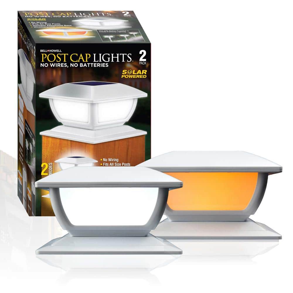 2-Lights White Plastic Solar Powered Outdoor Weather Resistant Cap Post Light with Integrated LED - Hercitys