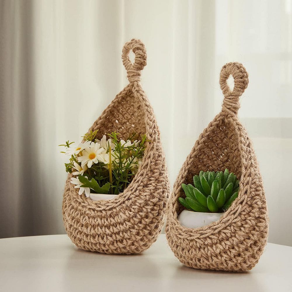 3-Piece Hanging Wall Fruit Basket, Teardrop Hanging Basket, Bohemian Storage, Wall Basket in Light Linen - Hercitys