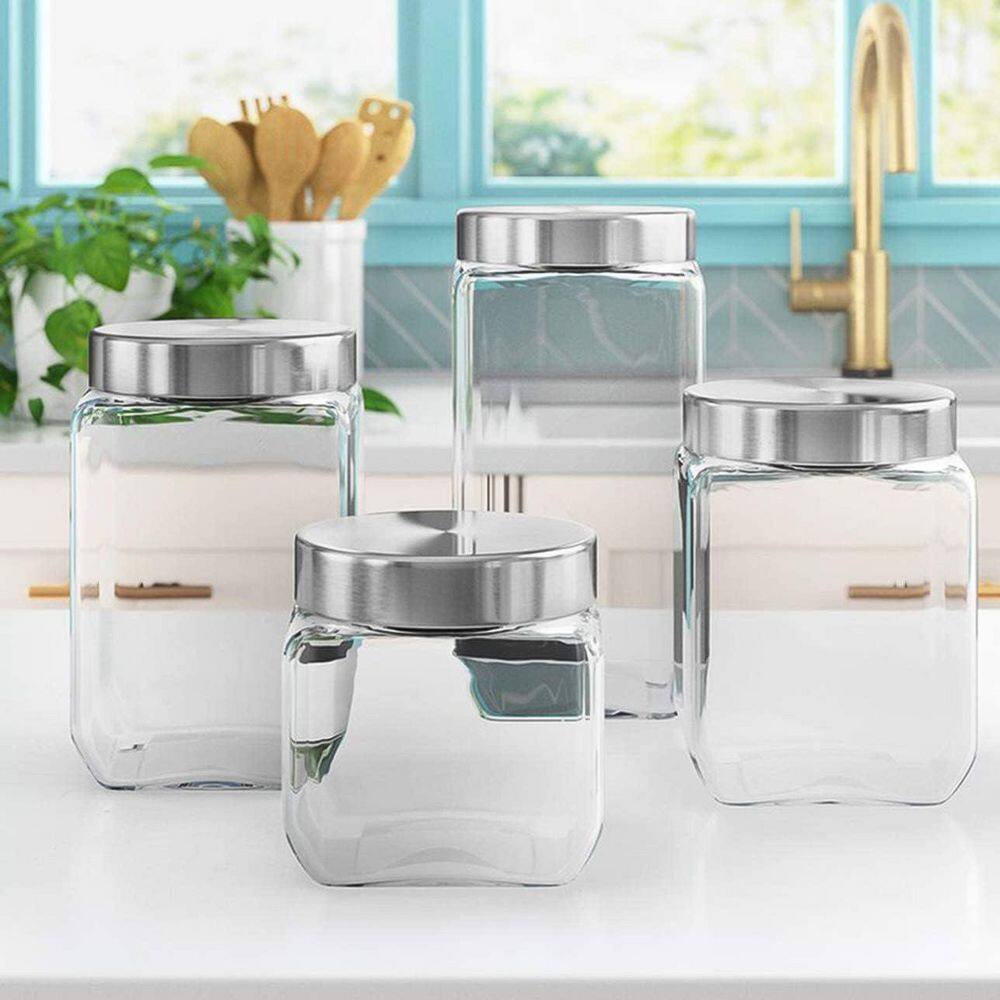 4 Pieces Square Glass Cookie Jars with Airtight Lids + Marker AND Labels for Kitchen Counter or Bathroom, Clear - Hercitys