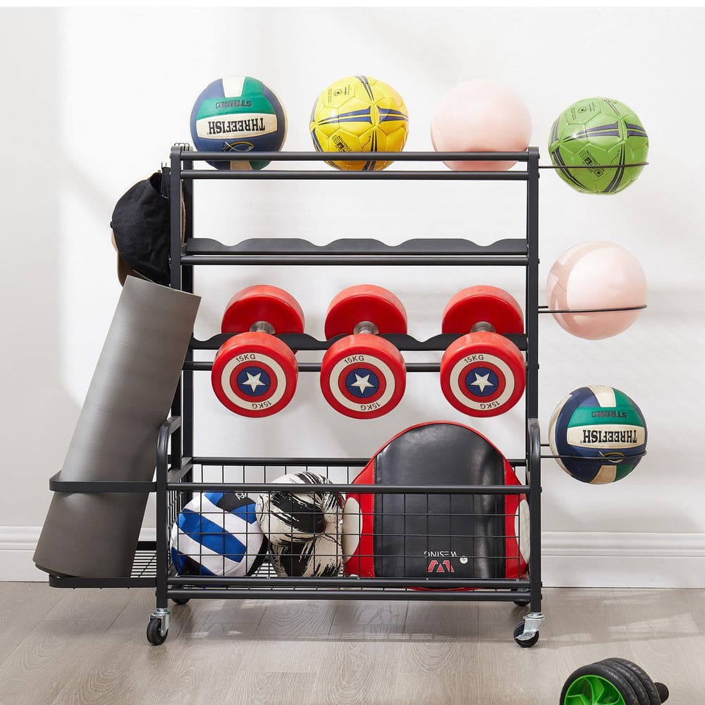 4-Tier Rolling Metal Storage Organizer with Baskets and Hooks, for Sports Gear Indoor/Outdoor in Black - Hercitys