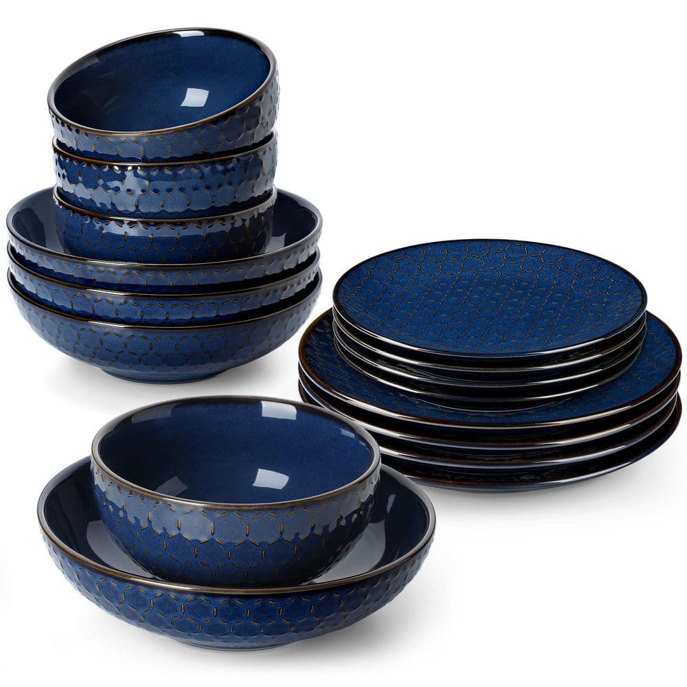 16-Piece Blue Stoneware Dinnerware Set Service for 4-Embossed Honeycomb Shape Pattern Tableware with Plates and Bowls - Hercitys