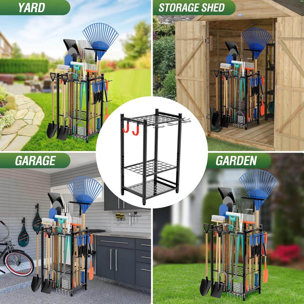 3-Tier Garden Tool Organizer with 4 Hooks Up to 50 Long-Handled Tools - Hercitys