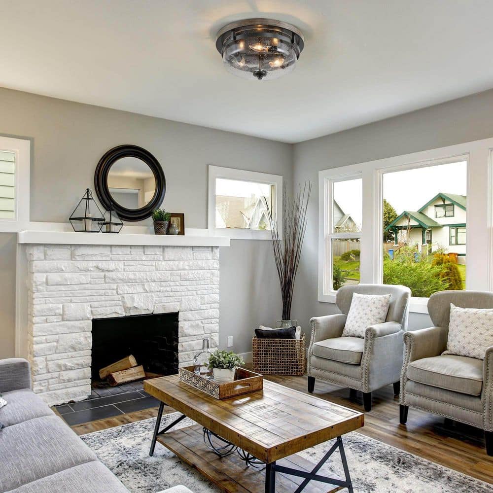 13.5 in. 3-Light Rough Black/Dark Gray Drum Semi-Flush Mount with Faux Wood Textured Plate & Clear Seeded Glass Shade - Hercitys